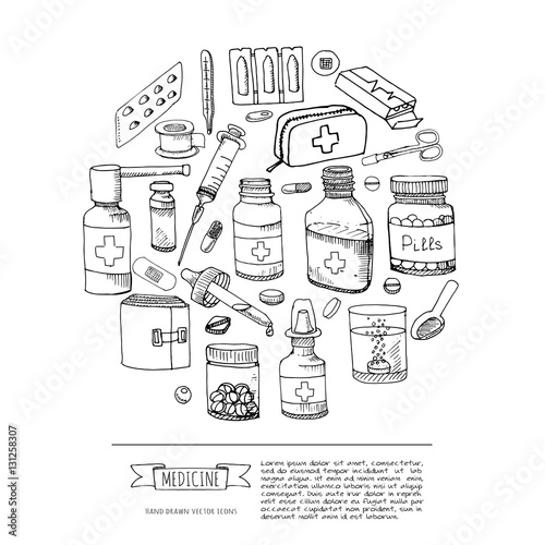 Set of health care and medicine hand drawn icons, doodle medical elements, vector background with wellness freehand drawings. Vector sketch illustration