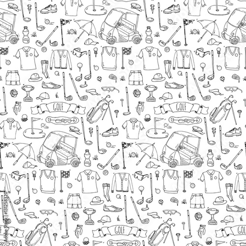 Seamless pattern Hand drawn doodle Golf icons set. Vector illustration collection. Cartoon golfing sketch elements  clubs  tee  bag  cart  sport cloth  shoes  polo shirt  umbrella  flag  hole  grass.