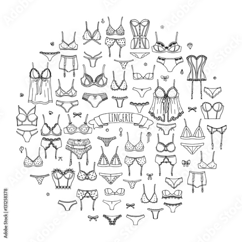 Hand drawn doodle Lingerie icon set. Fashion feminine vector illustration. Sexy lacy woman underwear symbol collection. Cartoon various sketch elements: bra, panties, corset, brassiere, string, bikini