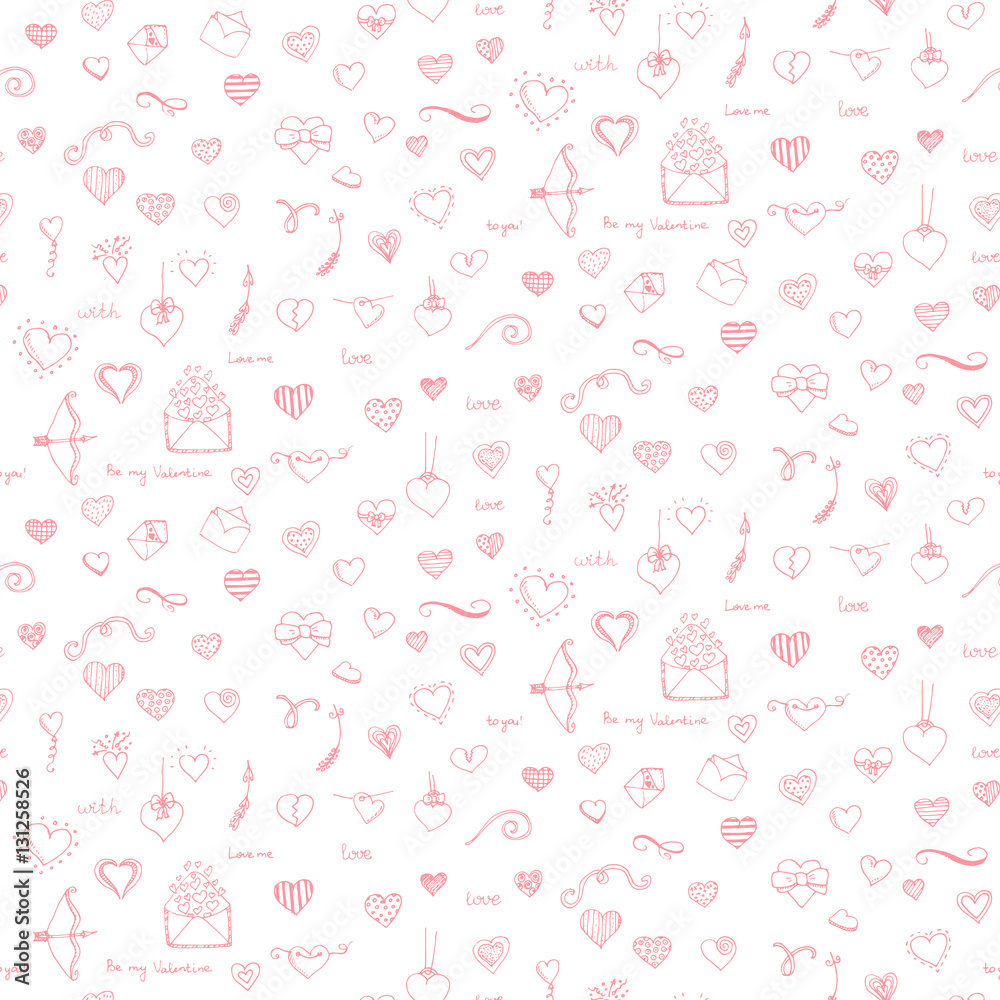Pattern with Hand drawn doodle Love and Feelings collection Vector illustration Sketchy hearts. Valentin's day pattern, Mothers day, wedding, love and romantic events Hearts hands Cupid Love arrow