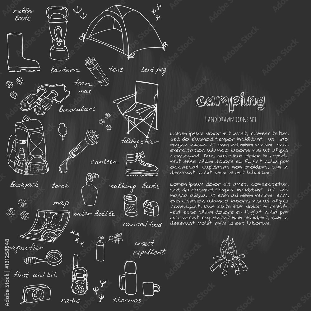 Set of hand drawn camping equipment symbols and icons, hiking, mountain climbing and camping doodle elements, vector illustration, camp clothes, shoes, gear and camp associated things Set of hand drawn camping equipment symbols and icons, hiking, mountain climbing and camping doodle elements, vector illustration, camp clothes, shoes, gear and camp associated things