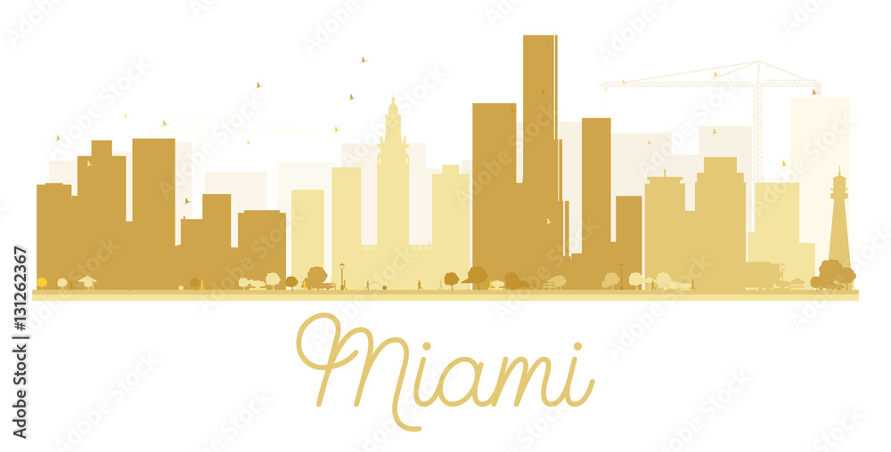 Miami City skyline golden silhouette.