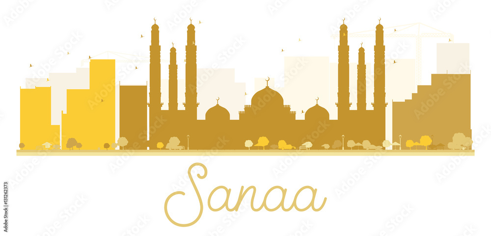 Sanaa City skyline golden silhouette.