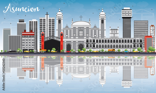 Asuncion Skyline with Gray Buildings, Blue Sky and Reflections.