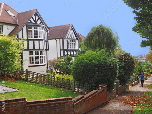 English middle class suburban street with Tudor style houses