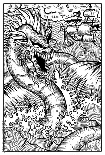 Fotografi Leviathan or sea dragon. Engraved fantasy illustration