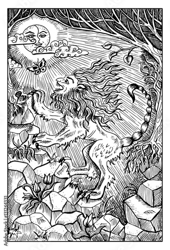 Manticore or beast in the forest. Engraved fantasy illustration