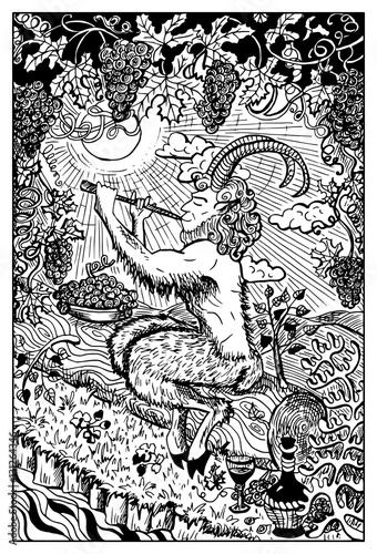 Pan, Satyr or Faunus with wine and flute. Engraved fantasy illustration