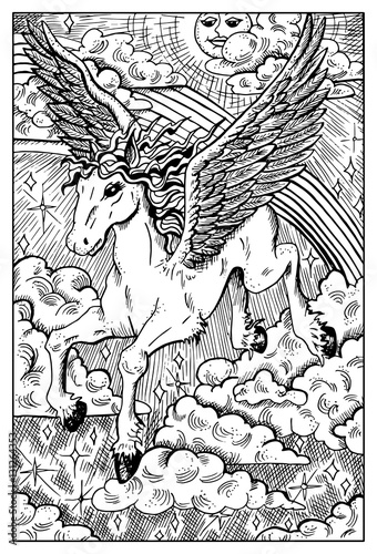 Pegasus in sky. Engraved fantasy illustration