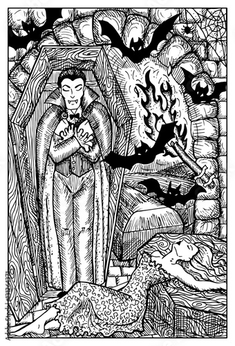 Vampire in the crypt. Engraved fantasy illustration