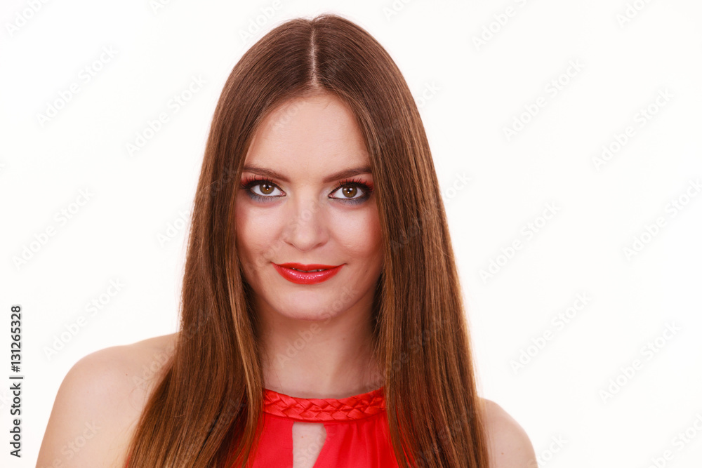 Woman charming girl long hair face makeup Woman charming girl long hair face makeup