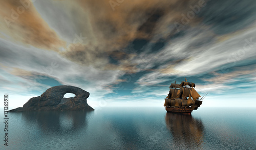 Photos 3d rendering of sailing ship in the vast ocean with small waves and a rock islan