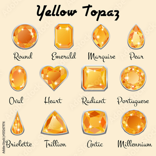 Set of different types of cuts of precious stone Topaz in realistic shapes in yellow color with silver edging. Vector illustration