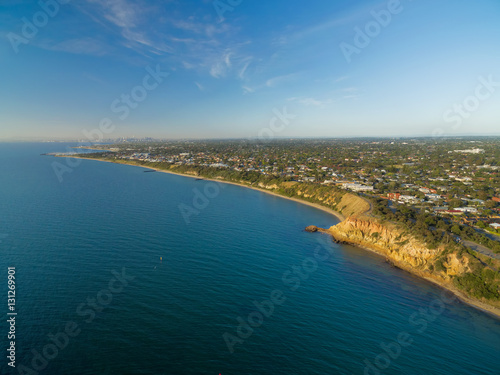 Aerial landscape panorama of Melbourne coastline near Black Rock suburb at dusk. Melbourne, Victoria, Australia