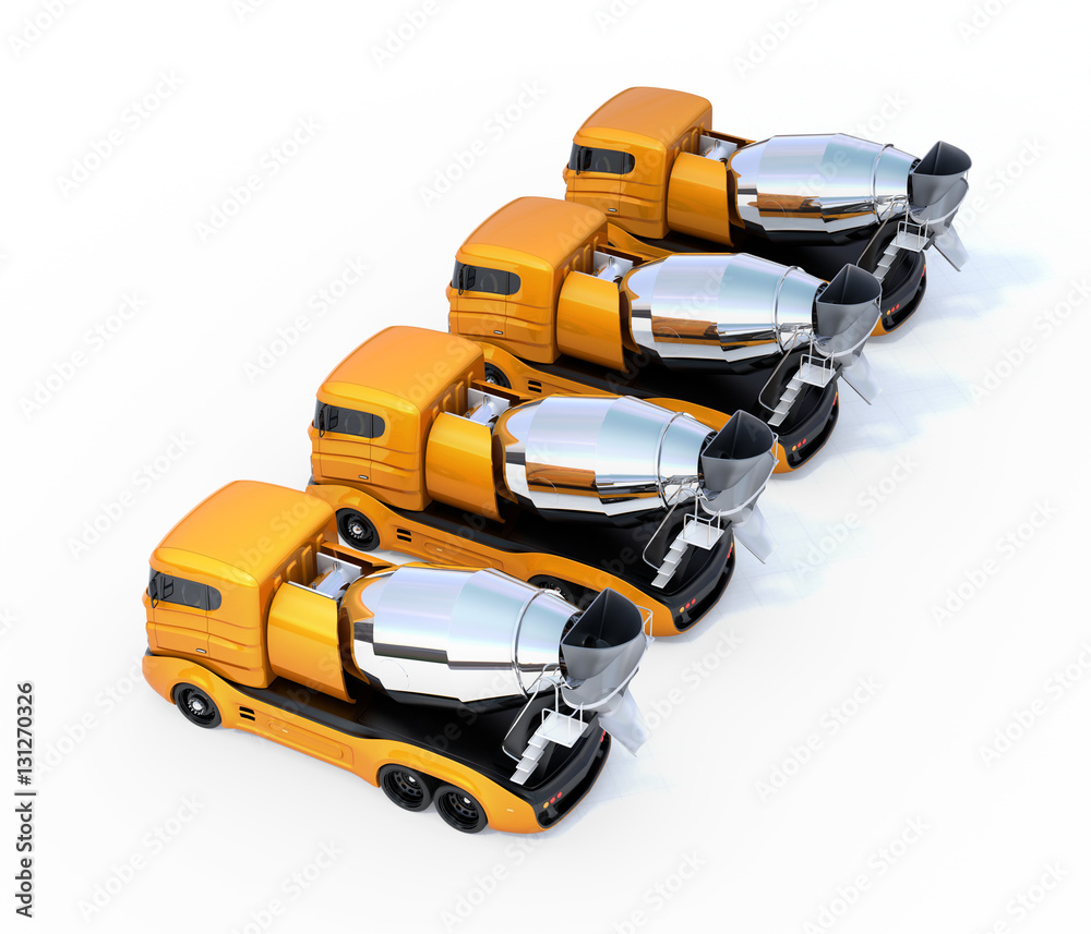 Fleet of concrete mixer trucks isolated on white background. 3D rendering image.