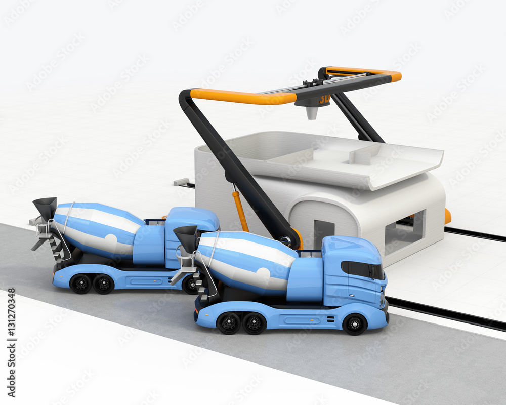 Concrete mixer trucks in the side of industrial 3D printer which printing house. 3D rendering image. Concrete mixer trucks in the side of industrial 3D printer which printing house. 3D rendering image.