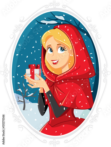 Christmas Princess With Gift Box in Winter Outside