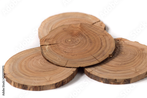 Fototapeta Naklejka Na Ścianę i Meble -  The Concept dendrochronology. tree trunks clearly visible annual rings, round slices of trees, white background