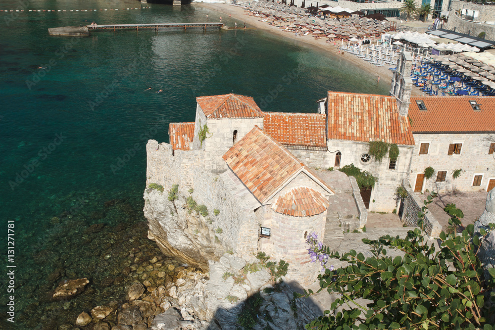 Top view from the citadel of the old town and the beach. Montenegro