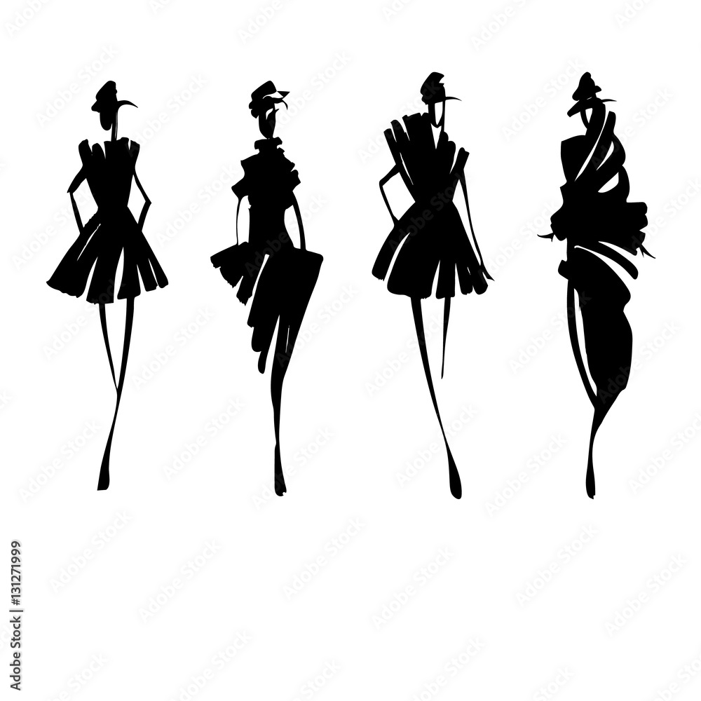 Fashion models sketch hand drawn , stylized silhouettes isolated ...