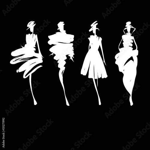 Fashion models sketch hand drawn , stylized silhouettes isolated . Vector fashion illustration set. Fashion logo.