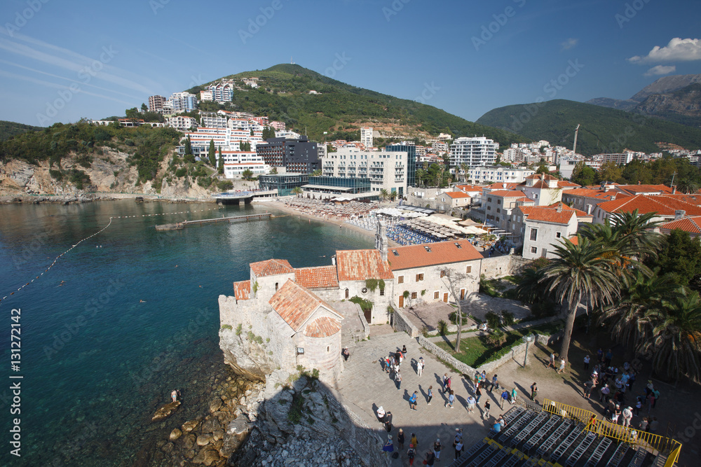 Group of tourists in Budva citadel. View from above. Montenegro
