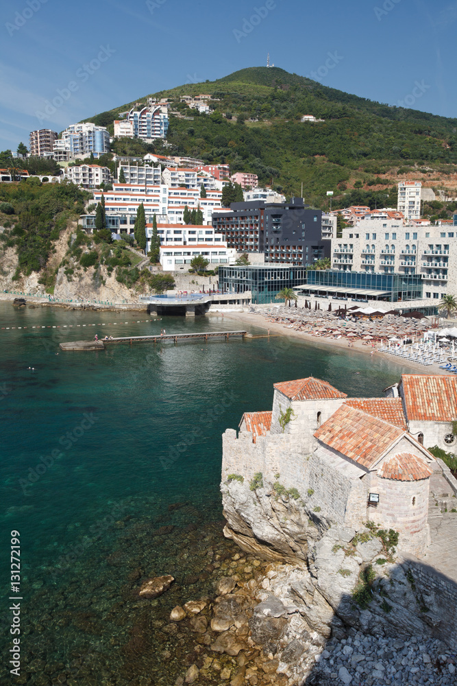 view of the old town of Budva, the citadel, the sea and the mountains. Montenegro
