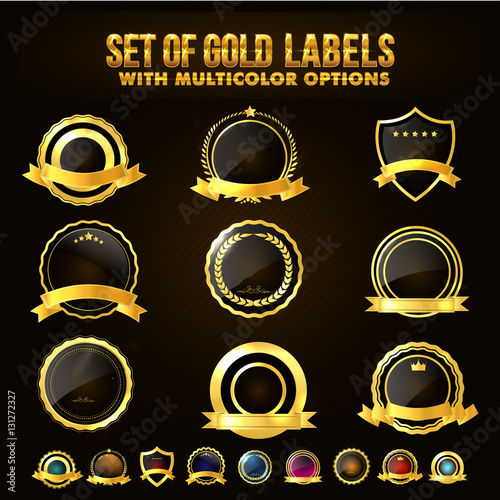 Set of Golden Shield, Stickers, Labels, Ribbons.