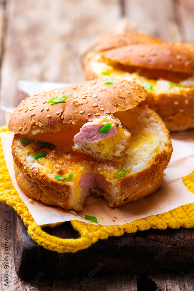 Ham, Egg , Cheese Bread Bowls. for a breakfast