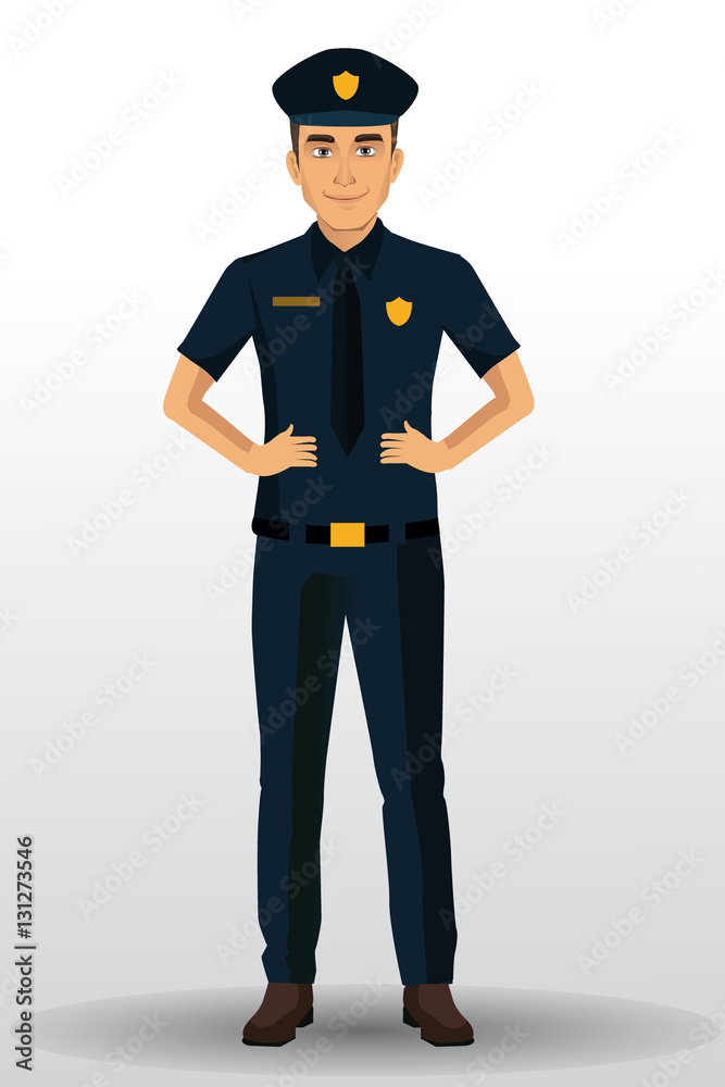 Police officer illustration, policeman character design with standing position.