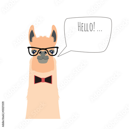 Vector hipster flat lama wearing bowtie and glasses saying hello