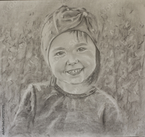 Black and white pencil portrait of a little girl with a beautiful smile on paperr. Modern Impressionism Art. Artwork. photo