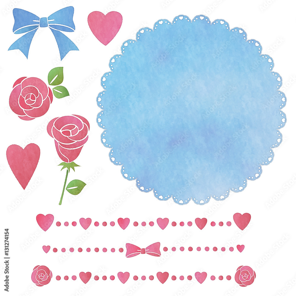 アナログ手書き水彩風 ガーリーなアイコン ラインのセット 薔薇 リボン ハート 白背景 Stock イラスト Adobe Stock