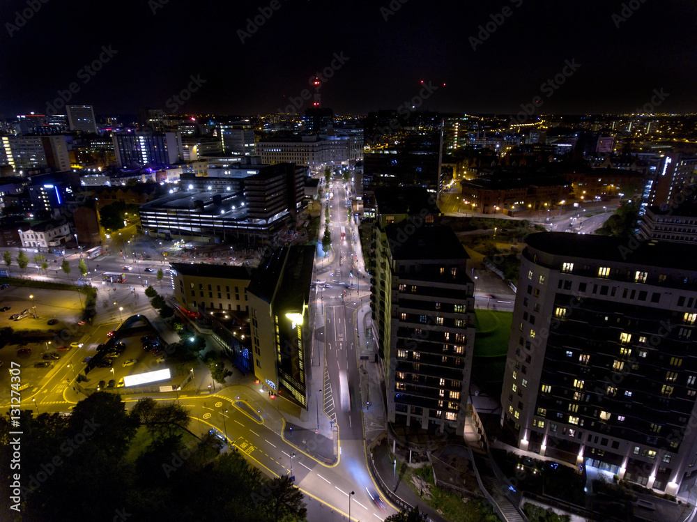Aerial view of Birmingham city centre at night.