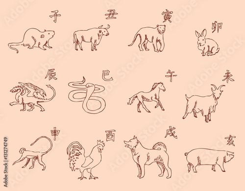 Fototapeta Naklejka Na Ścianę i Meble -  12 animals of the Chinese zodiac calendar. The symbols of the New Year, Eastern calendar. Sketch pencil. Drawing by hand. Vintage colors. Vector
