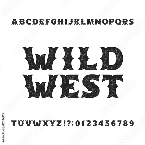 Vintage typeface. Retro distressed alphabet font. Wild west bold letters and numbers. Rough vector typeset for labels, headlines, posters etc.