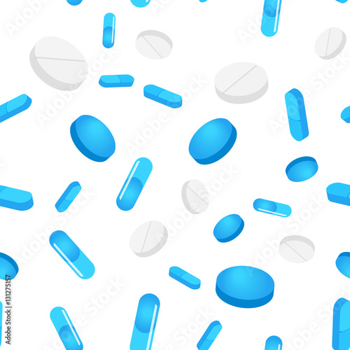 Vector seamless pattern blue tablets and pills on a white background