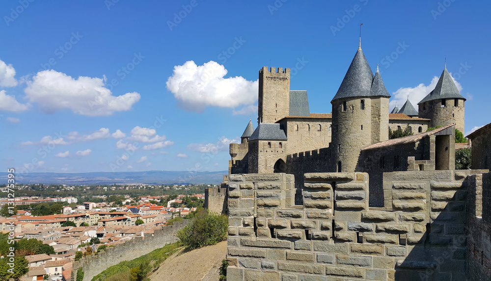 Medieval castle of Carcassonne and panorama of lower town