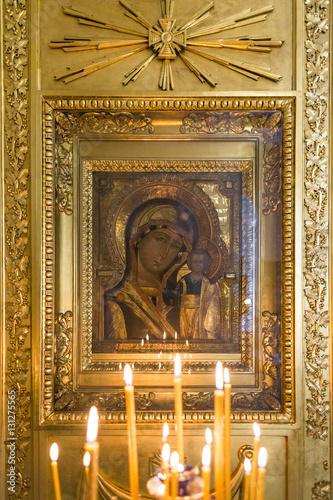 Orthodox Mother of God Icon and Candles