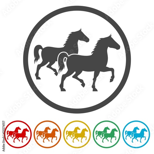 Two Horses silhouette icons set 