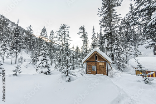 Cabin house chalets in winter forest with snow © Baikal360