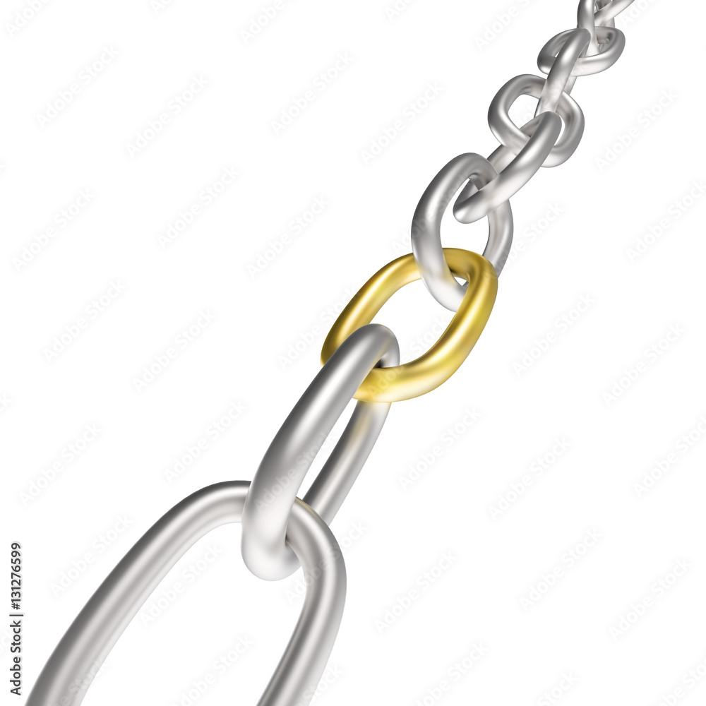 Steel chain with one gold link concept image. Steel chain with one gold link concept image.
