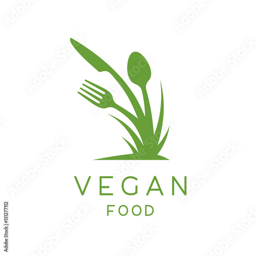 Vegan food logo of concept abstract green growing plant with fork, knife and spoon icon. Vector illustration.