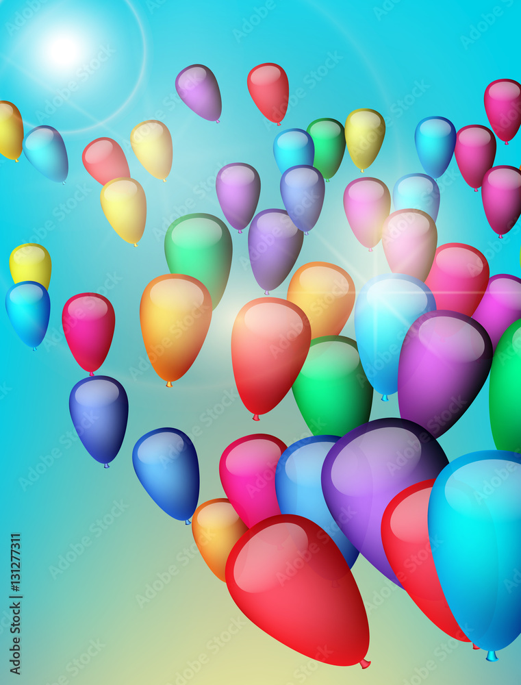 Background with colorful balloons in the sky, illustration. Greeting Card