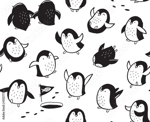 Seamless pattern with funny hand drawn penguins