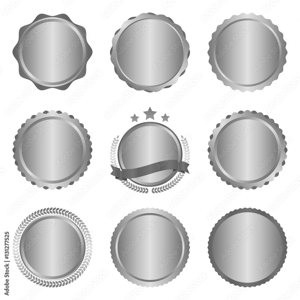 Collection of modern, metal silver circle metal badges, labels and design elements. Vector illustration