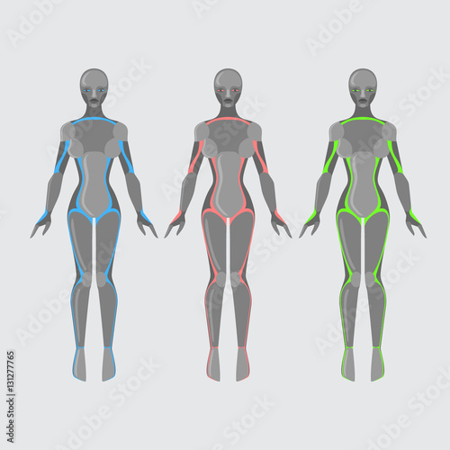 Robot woman, female cyborg, technology characters, flat humanoid from future, mechanical chrome body
