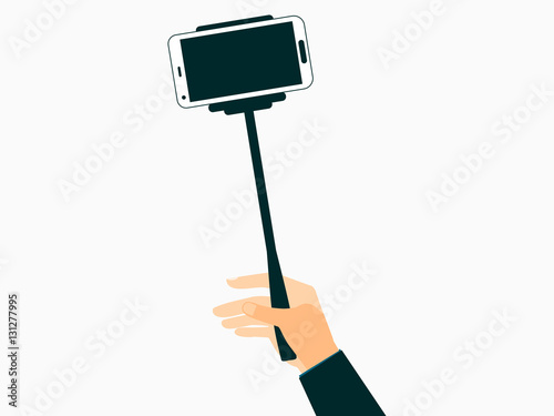 Hand holds a selfie stick with smartphones. Vector illustration.