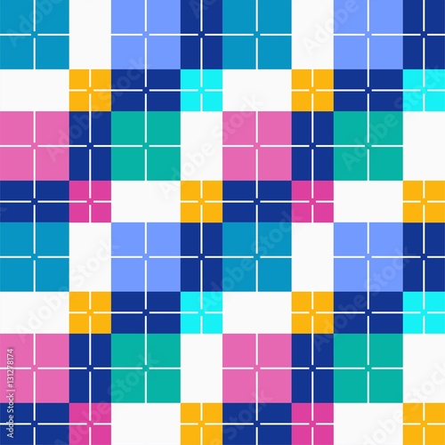Squares seamless background, color, vector. Pink, green and blue squares and dark blue rectangles on a white field. Colorful, geometric background. For the decoration. 