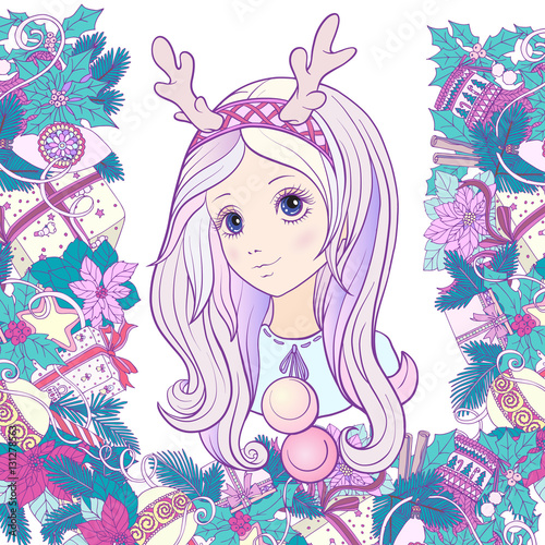 Young girl with long purple hair with a rim for hair with antler